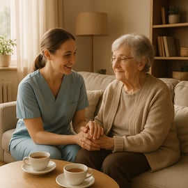 A nurse holding hands with an elderly woman at home during her recovery after a hospital stay