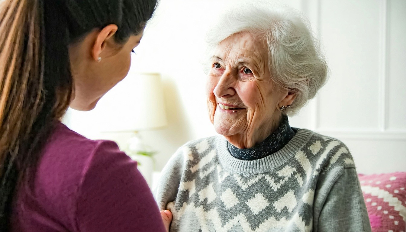 A younger woman talking warmly with an elderly woman at home