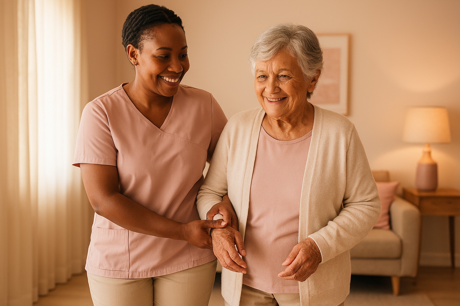 A KinCare carer supporting an elderly client at home in Ballito